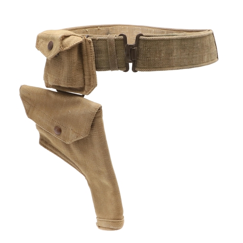 14 - A 1937 PATTERN WEBBING HOLSTER, POUCH AND BELT. A webbing belt with a Webley holster marked M.E.C.o.... 