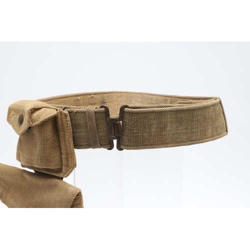 14 - A 1937 PATTERN WEBBING HOLSTER, POUCH AND BELT. A webbing belt with a Webley holster marked M.E.C.o.... 