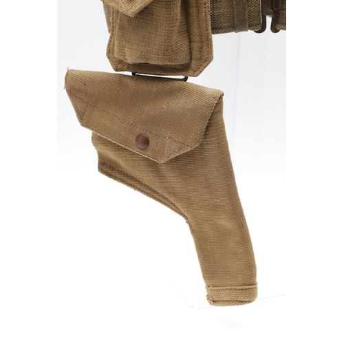 14 - A 1937 PATTERN WEBBING HOLSTER, POUCH AND BELT. A webbing belt with a Webley holster marked M.E.C.o.... 