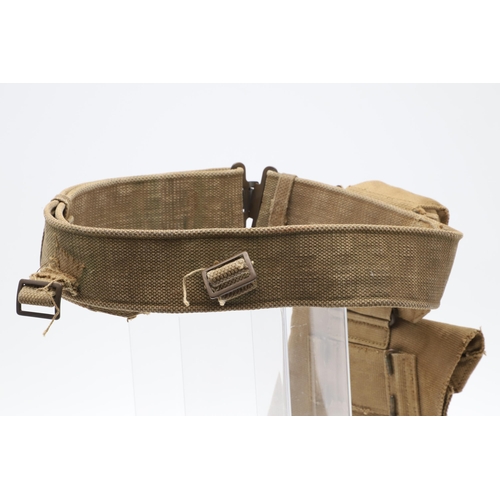 14 - A 1937 PATTERN WEBBING HOLSTER, POUCH AND BELT. A webbing belt with a Webley holster marked M.E.C.o.... 