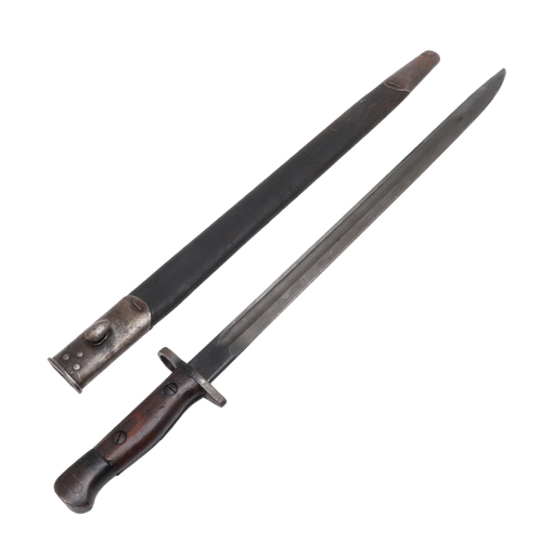 140 - A 1907 PATTERN BAYONET AND SCABBARD. DATED 1907 AND 1919. With a 43 cm pointed, single edged blade w... 