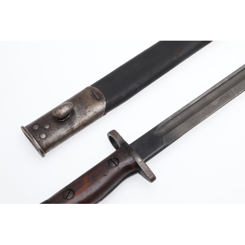 140 - A 1907 PATTERN BAYONET AND SCABBARD. DATED 1907 AND 1919. With a 43 cm pointed, single edged blade w... 