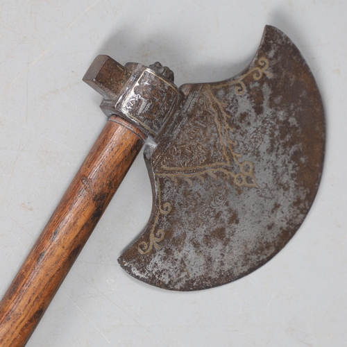 158 - A SUBSTANTIAL PERSIAN OR OTTOMAN TWO HANDLED AXE. With a heavy duty steel head with curved blade dec... 