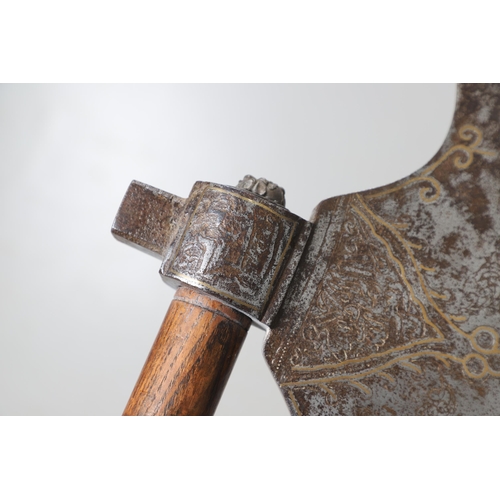 158 - A SUBSTANTIAL PERSIAN OR OTTOMAN TWO HANDLED AXE. With a heavy duty steel head with curved blade dec... 