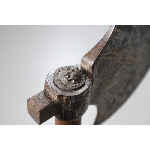 158 - A SUBSTANTIAL PERSIAN OR OTTOMAN TWO HANDLED AXE. With a heavy duty steel head with curved blade dec... 