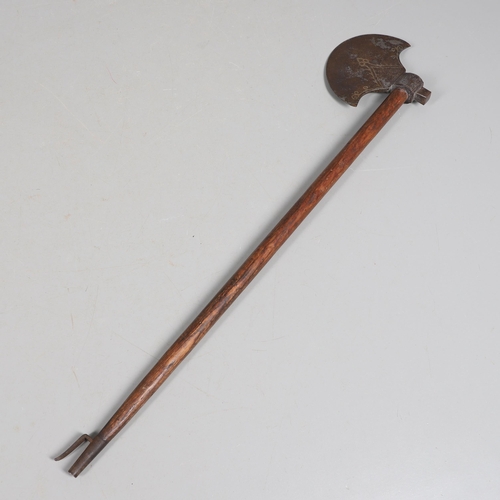 158 - A SUBSTANTIAL PERSIAN OR OTTOMAN TWO HANDLED AXE. With a heavy duty steel head with curved blade dec... 