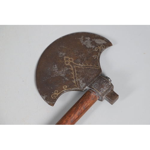 158 - A SUBSTANTIAL PERSIAN OR OTTOMAN TWO HANDLED AXE. With a heavy duty steel head with curved blade dec... 