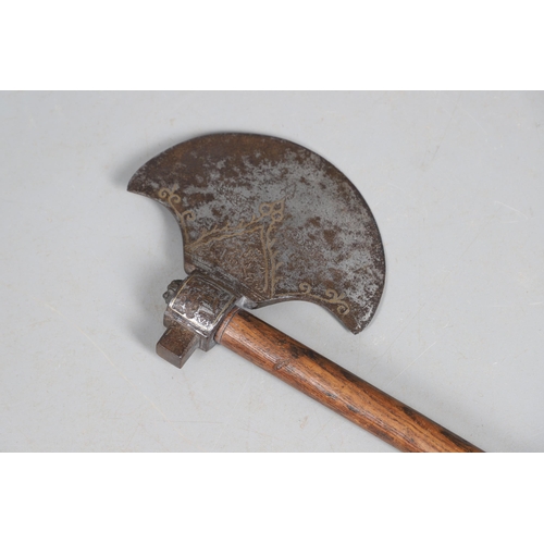 158 - A SUBSTANTIAL PERSIAN OR OTTOMAN TWO HANDLED AXE. With a heavy duty steel head with curved blade dec... 