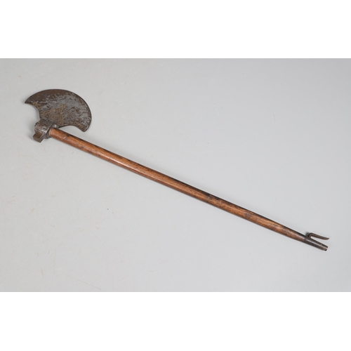 158 - A SUBSTANTIAL PERSIAN OR OTTOMAN TWO HANDLED AXE. With a heavy duty steel head with curved blade dec... 