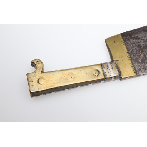 163 - AN UNUSUAL 19TH CENTURY INDIAN KNIFE OR HAND AXE WITH INLAID BRASS DATE AND INITIALS. With a broad p... 