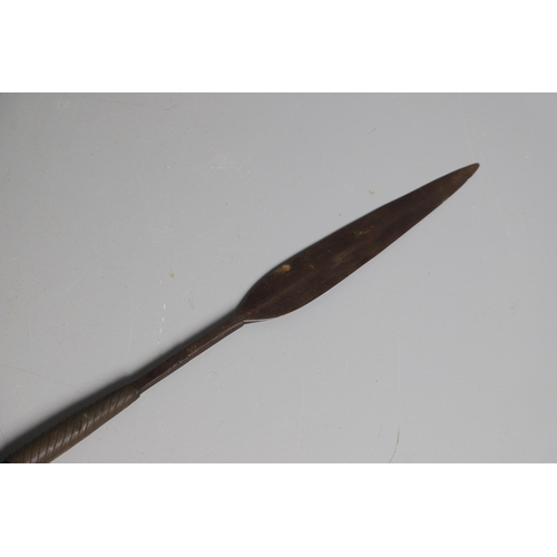 167 - A 19TH CENTURY SOUTH AFRICAN ASSAGAI OR STABBING SPEAR. With a 24.5 cm leaf shaped blade on a decora... 