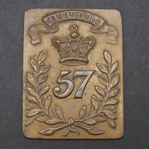 205 - A VICTORIAN 57TH REGIMENT OF FOOT CROSS BELT PLATE. A Victorian brass cross belt plate with '57' ben... 