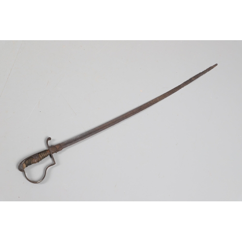 35 - A FLINTLOCK LONG GUN IN RELIC CONDITION AND SIMILAR SWORD. A flintlock gun with a 129 cm barrl, remn... 