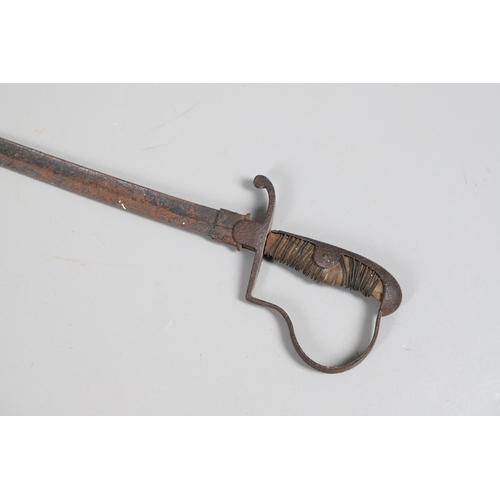 35 - A FLINTLOCK LONG GUN IN RELIC CONDITION AND SIMILAR SWORD. A flintlock gun with a 129 cm barrl, remn... 