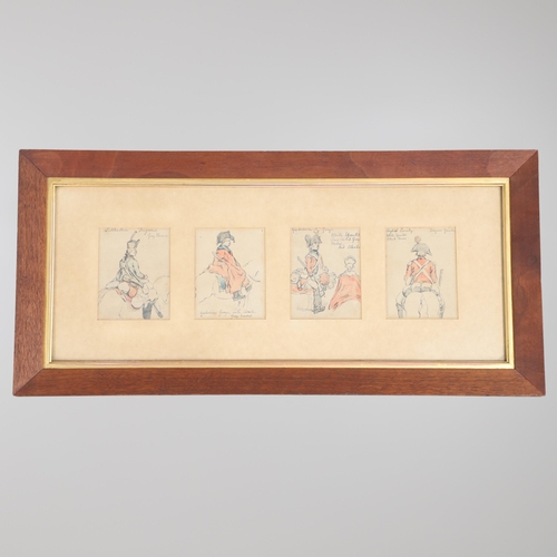 353 - A SET OF FOUR WATERCOLOUR SKETCHES OF MOUNTED CAVALRY IN UNIFORM. Four watrcolour sketches. variousl... 