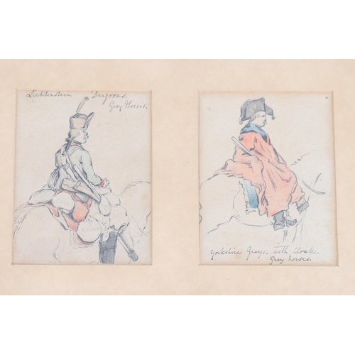 353 - A SET OF FOUR WATERCOLOUR SKETCHES OF MOUNTED CAVALRY IN UNIFORM. Four watrcolour sketches. variousl... 