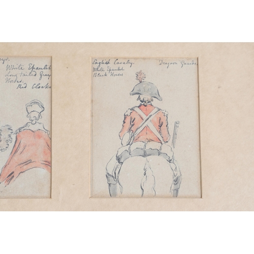 353 - A SET OF FOUR WATERCOLOUR SKETCHES OF MOUNTED CAVALRY IN UNIFORM. Four watrcolour sketches. variousl... 