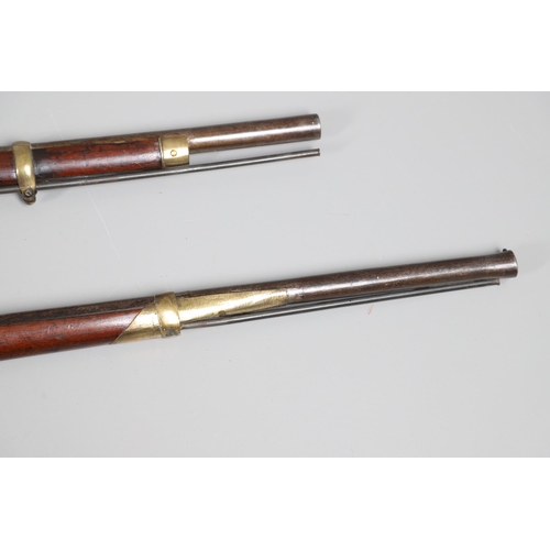 36 - A 19TH CENTURY ENFIELD TYPE PERCUSSION FIRING RIFLE AND ANOTHER SIMILAR. With a 97 cm unmarked barre... 