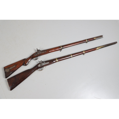 36 - A 19TH CENTURY ENFIELD TYPE PERCUSSION FIRING RIFLE AND ANOTHER SIMILAR. With a 97 cm unmarked barre... 