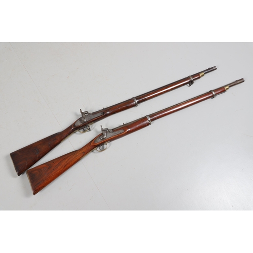 37 - A 19TH CENTURY ENFIELD TYPE PERCUSSION FIRING RIFLE AND ANOTHER SIMILAR. With an 80 cm unmarked barr... 