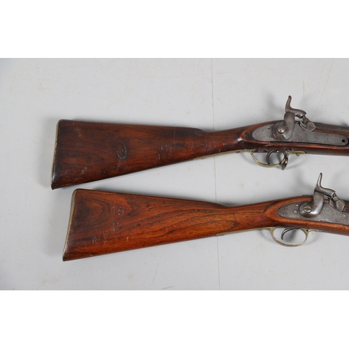 37 - A 19TH CENTURY ENFIELD TYPE PERCUSSION FIRING RIFLE AND ANOTHER SIMILAR. With an 80 cm unmarked barr... 