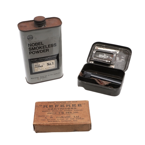 45 - A REFEREE CARTRIDGE BOX AND OTHER ITEMS. A cardboard box, the lid printed 'Free Sample of our World ... 