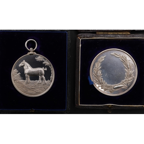 470 - TWO AGRICULTURAL AWARD MEDALS BY THOMAS OTTLEY. An agricultural award medal with a standing shire ho... 