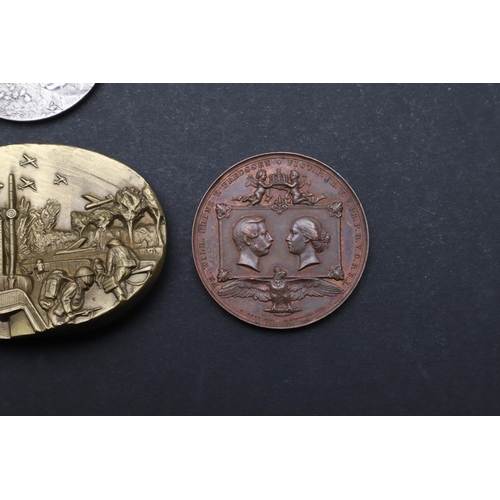 474 - AN HISTORIC MEDAL COMMEMORATING THE BIRTH OF KAISER WILHELM II, AND THREE OTHERS. A bronze medal cel... 