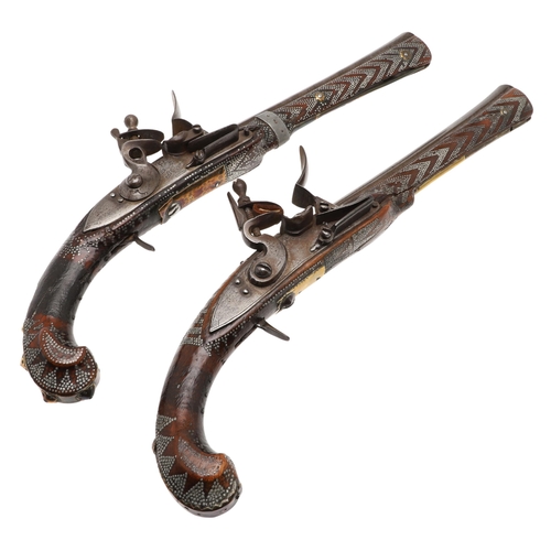 5 - A PAIR OF DECORATED TURKISH FLINTLOCK PISTOLS. Each with 28 cm octagonal barrels with slightly flare... 