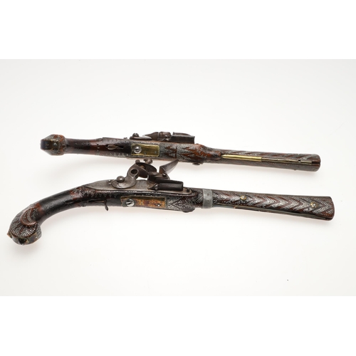 5 - A PAIR OF DECORATED TURKISH FLINTLOCK PISTOLS. Each with 28 cm octagonal barrels with slightly flare... 