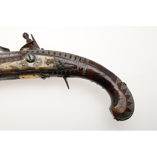 5 - A PAIR OF DECORATED TURKISH FLINTLOCK PISTOLS. Each with 28 cm octagonal barrels with slightly flare... 