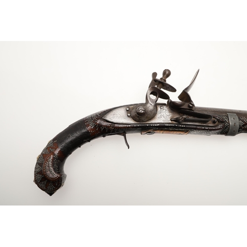 5 - A PAIR OF DECORATED TURKISH FLINTLOCK PISTOLS. Each with 28 cm octagonal barrels with slightly flare... 