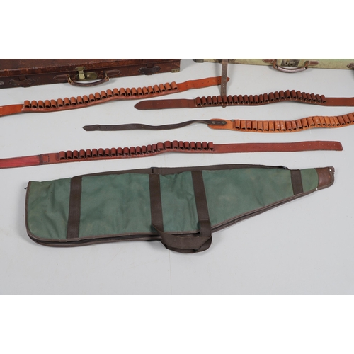 52 - A LEATHER SHOTGUN CASE AND OTHER GUN CASES. A leather shotgun case with fitted interior, twin straps... 