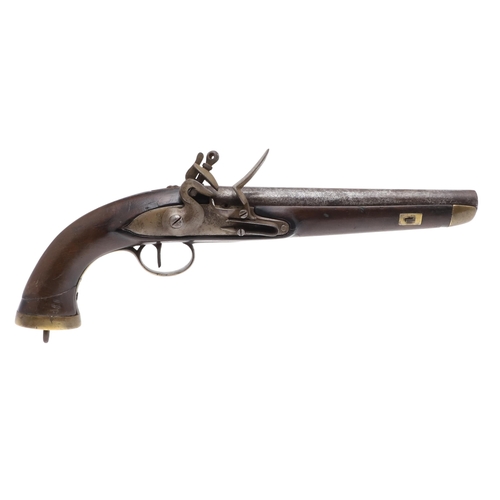 6 - A 19TH CENTURY SEA SERVICE TYPE PISTOL. With a 23 cm (9 inch) circular steel barrel, flintlock actio... 