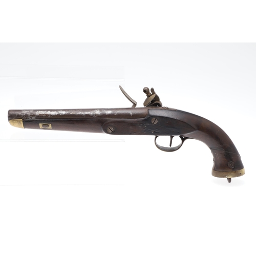 6 - A 19TH CENTURY SEA SERVICE TYPE PISTOL. With a 23 cm (9 inch) circular steel barrel, flintlock actio... 