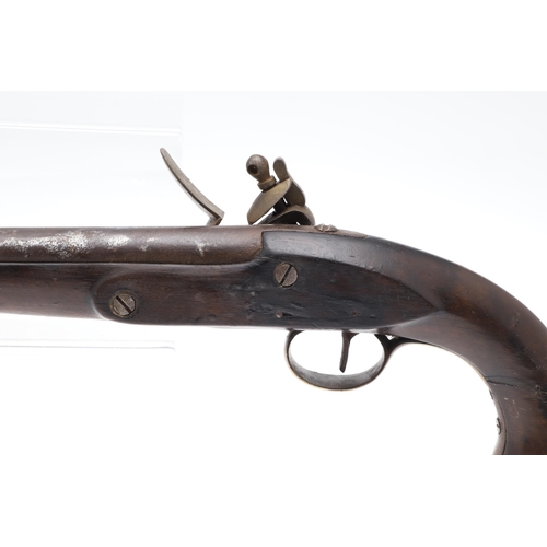 6 - A 19TH CENTURY SEA SERVICE TYPE PISTOL. With a 23 cm (9 inch) circular steel barrel, flintlock actio... 