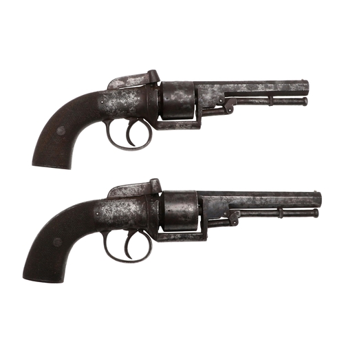 7 - AN UNUSUAL PAIR OF MID 19TH CENTURY 80 BORE TRANSITIONAL REVOLVERS. With 11.5cm octagonal barrels, m... 