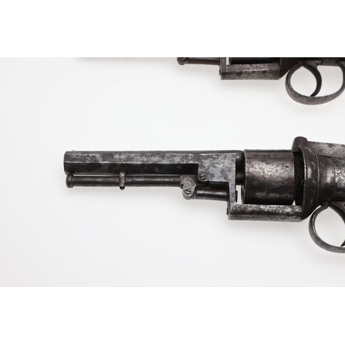 7 - AN UNUSUAL PAIR OF MID 19TH CENTURY 80 BORE TRANSITIONAL REVOLVERS. With 11.5cm octagonal barrels, m... 