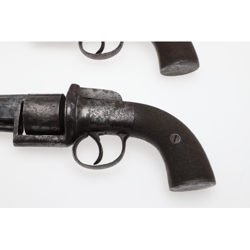 7 - AN UNUSUAL PAIR OF MID 19TH CENTURY 80 BORE TRANSITIONAL REVOLVERS. With 11.5cm octagonal barrels, m... 