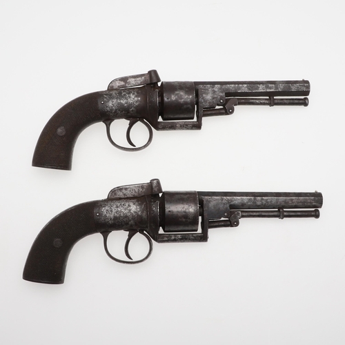 7 - AN UNUSUAL PAIR OF MID 19TH CENTURY 80 BORE TRANSITIONAL REVOLVERS. With 11.5cm octagonal barrels, m... 