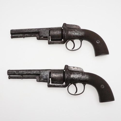 7 - AN UNUSUAL PAIR OF MID 19TH CENTURY 80 BORE TRANSITIONAL REVOLVERS. With 11.5cm octagonal barrels, m... 