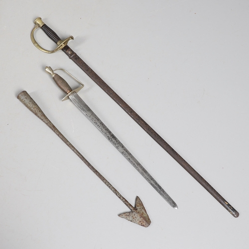 94 - A 19TH CENTURY BELGIAN SMALL SWORD, ANOTHER SIMILAR AND A HARPOON POINT. A continental small sword w... 