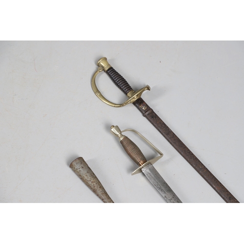 94 - A 19TH CENTURY BELGIAN SMALL SWORD, ANOTHER SIMILAR AND A HARPOON POINT. A continental small sword w... 