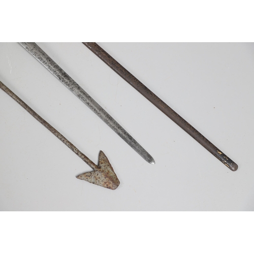 94 - A 19TH CENTURY BELGIAN SMALL SWORD, ANOTHER SIMILAR AND A HARPOON POINT. A continental small sword w... 