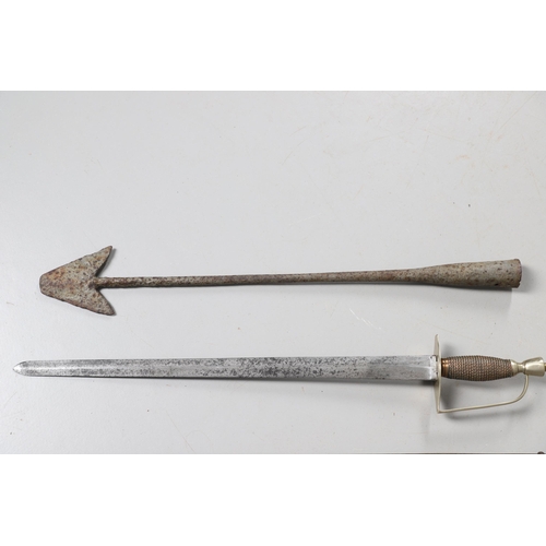 94 - A 19TH CENTURY BELGIAN SMALL SWORD, ANOTHER SIMILAR AND A HARPOON POINT. A continental small sword w... 