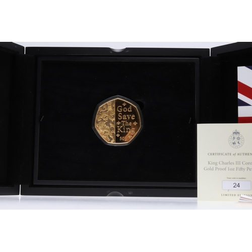 1238 - A CHARLES III GOLD PROOF 1 OZ FIFTY PENCE COIN. 2023. A gold proof 50p piece, Isle of Man, King Char... 