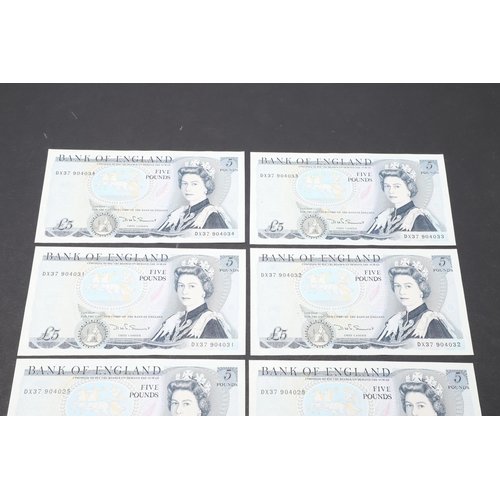 603 - TEN CONSECUTIVE BANK OF ENGLAND SERIES 'D' FIVE POUND NOTES. A consecutive run of ten bank of Englan... 