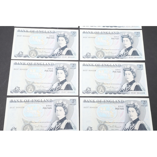 603 - TEN CONSECUTIVE BANK OF ENGLAND SERIES 'D' FIVE POUND NOTES. A consecutive run of ten bank of Englan... 