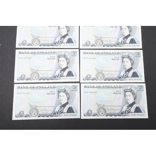 603 - TEN CONSECUTIVE BANK OF ENGLAND SERIES 'D' FIVE POUND NOTES. A consecutive run of ten bank of Englan... 