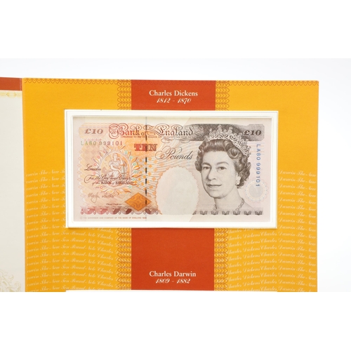 606 - A BANK OF ENGLAND PRESENTATION SET OF 'LAST DICKENS' AND 'FIRST DARWIN' TEN POUND BANKNOTES. A prese... 